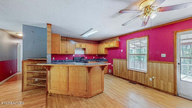 kitchen with plenty of natural light, a textured ceiling, light wood-type flooring, and a kitchen breakfast bar