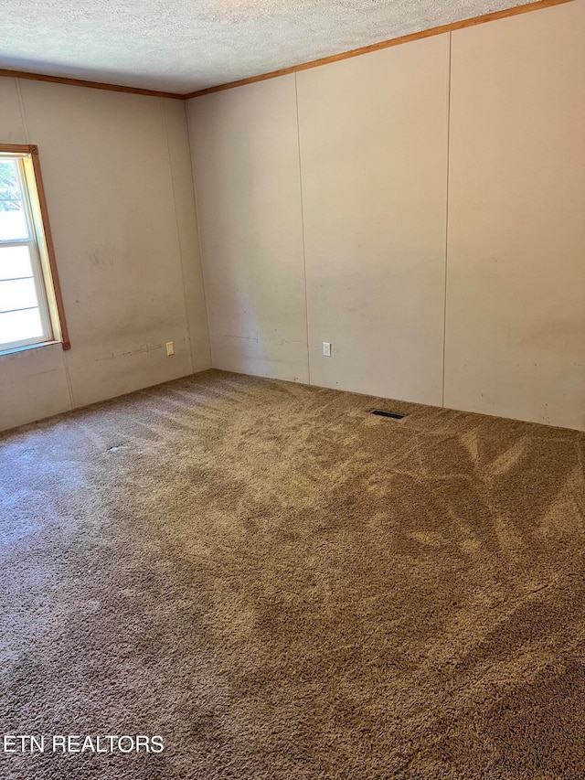 carpeted spare room with a textured ceiling and ornamental molding