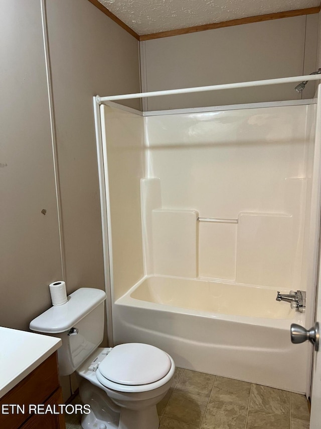 full bathroom featuring shower / tub combination, a textured ceiling, toilet, vanity, and crown molding