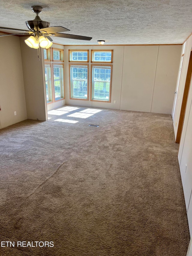 carpeted spare room featuring ceiling fan and a textured ceiling