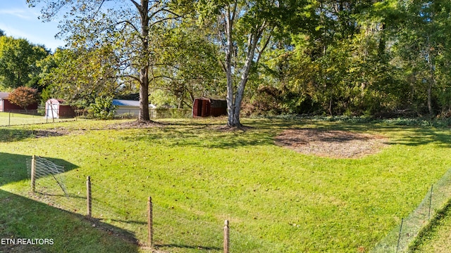 view of yard featuring a storage shed