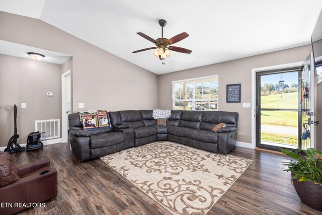 2670 Sharps Chapel Rd, Sharps Chapel, TN 37866 - living room featuring lofted ceiling, wood finished floors, ceiling fan, and baseboards