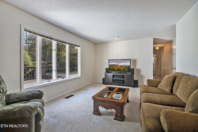 living room featuring a textured ceiling and carpet flooring