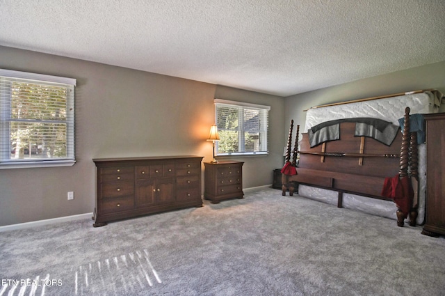 carpeted bedroom featuring a textured ceiling and multiple windows