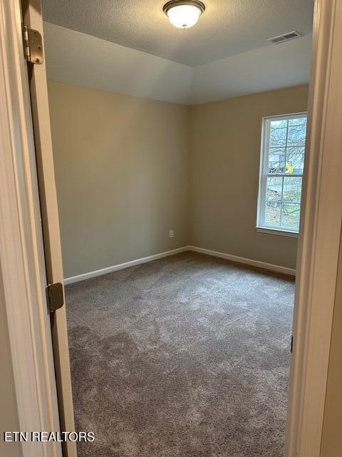 carpeted empty room featuring a textured ceiling, lofted ceiling, visible vents, and baseboards