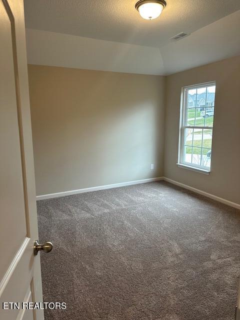 empty room with baseboards, visible vents, lofted ceiling, a textured ceiling, and carpet flooring