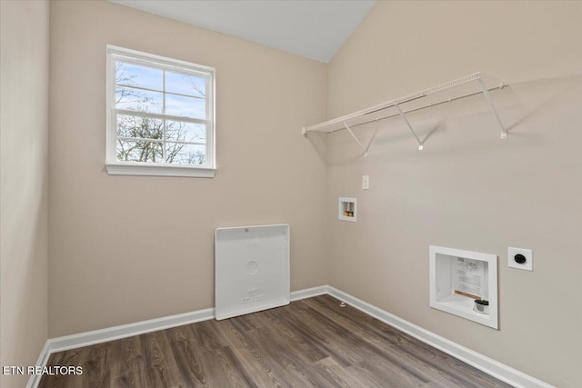 laundry room with laundry area, dark wood-style flooring, hookup for a washing machine, and baseboards