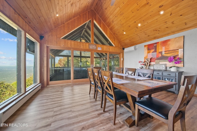 dining area featuring a wall unit AC, a baseboard radiator, wood-type flooring, and wood ceiling