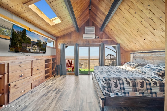 bedroom with wooden ceiling, lofted ceiling with skylight, wood-type flooring, and wooden walls