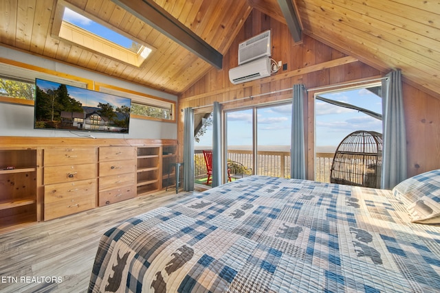 bedroom featuring access to outside, wooden walls, wooden ceiling, hardwood / wood-style floors, and lofted ceiling with beams