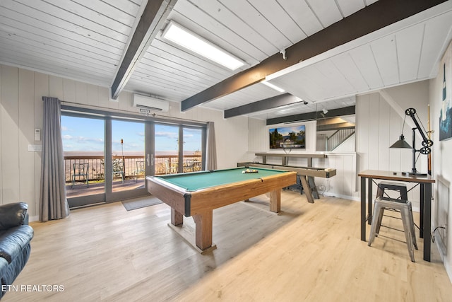 rec room with light hardwood / wood-style floors, beamed ceiling, wooden ceiling, a wall mounted AC, and billiards