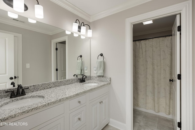 bathroom with vanity, a shower with shower curtain, ornamental molding, and tile patterned flooring