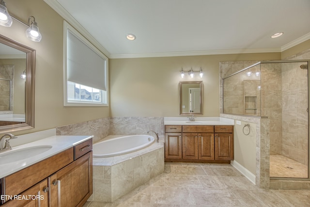 bathroom with vanity, crown molding, and plus walk in shower