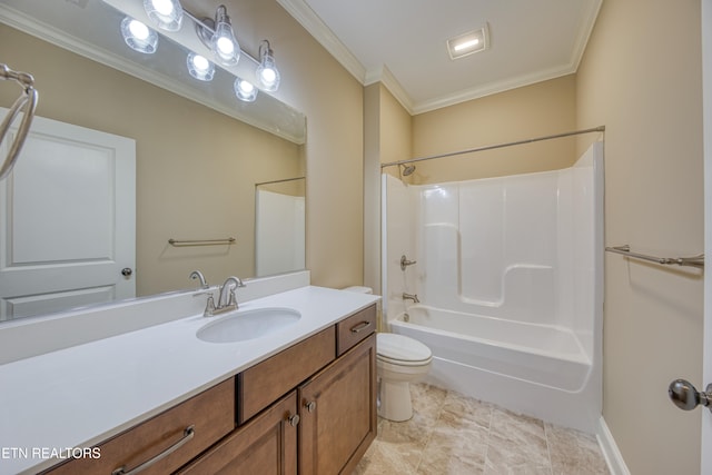 full bathroom with vanity, tub / shower combination, ornamental molding, and toilet