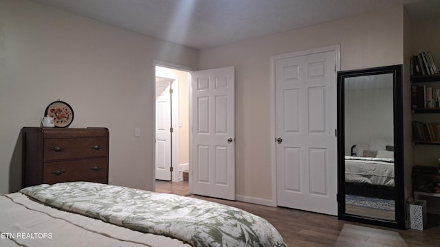 bedroom with wood-type flooring and a closet