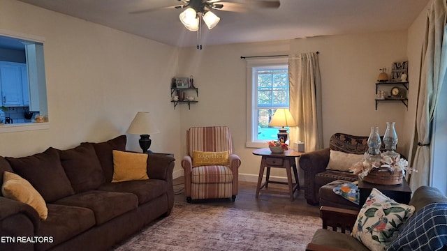 living room with ceiling fan and wood-type flooring