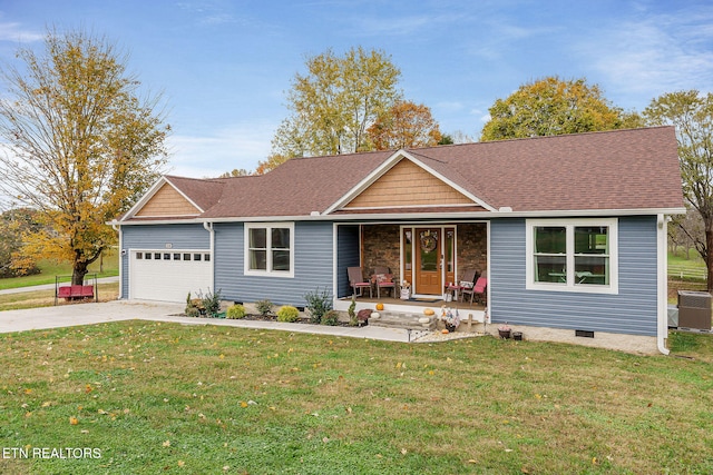 ranch-style house featuring a garage, central AC, a front lawn, and a porch