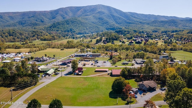 drone / aerial view featuring a mountain view