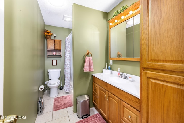 full bathroom featuring plus walk in shower, toilet, tile patterned flooring, vanity, and a textured ceiling