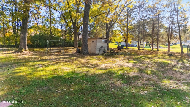 view of yard featuring a storage unit