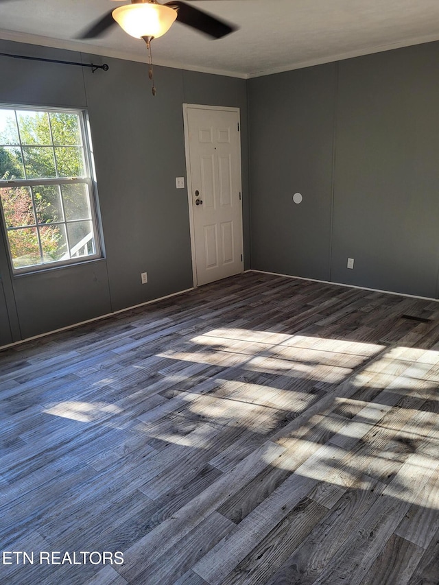 unfurnished room with ceiling fan, hardwood / wood-style flooring, and crown molding