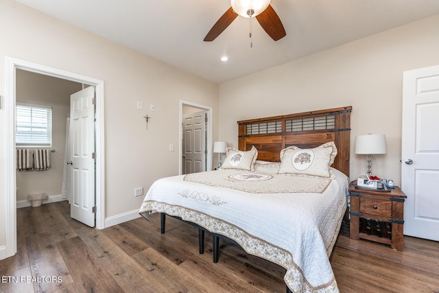 bedroom featuring hardwood / wood-style flooring and ceiling fan