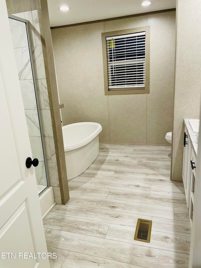 bathroom featuring vanity, toilet, and hardwood / wood-style flooring