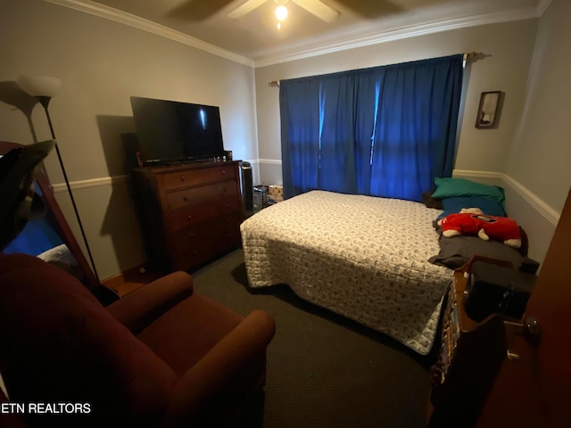 bedroom featuring ornamental molding and a ceiling fan