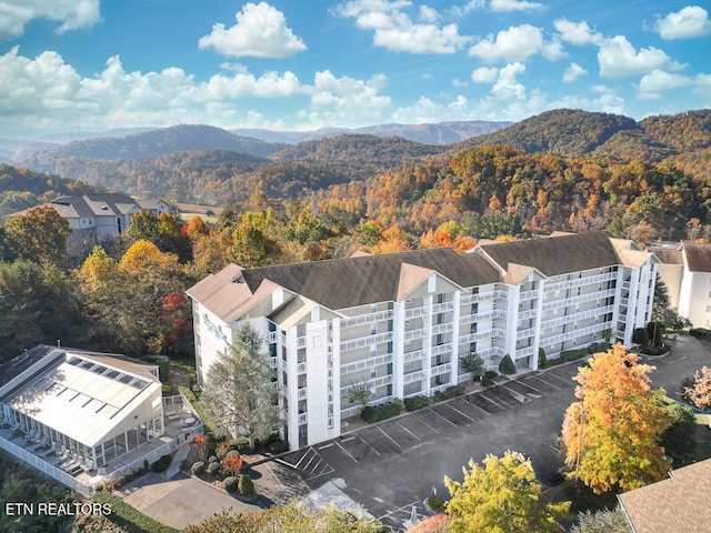 drone / aerial view featuring a mountain view