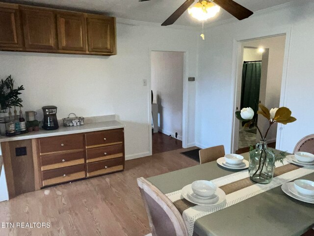 dining area featuring crown molding, ceiling fan, and light hardwood / wood-style floors