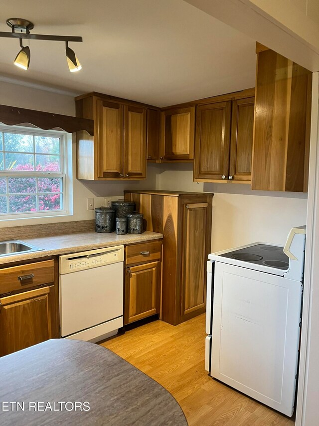 kitchen with sink, white appliances, and light wood-type flooring