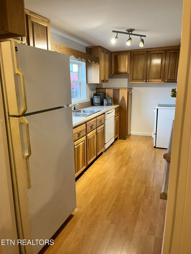 kitchen with light hardwood / wood-style flooring, white appliances, and sink