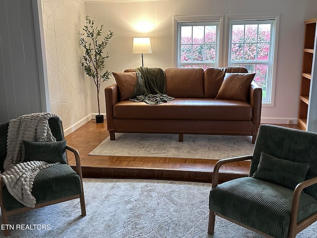 living room with parquet flooring