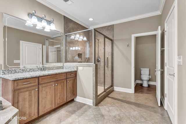 bathroom featuring vanity, crown molding, a shower with shower door, and toilet