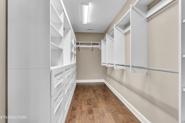 walk in closet with dark hardwood / wood-style flooring