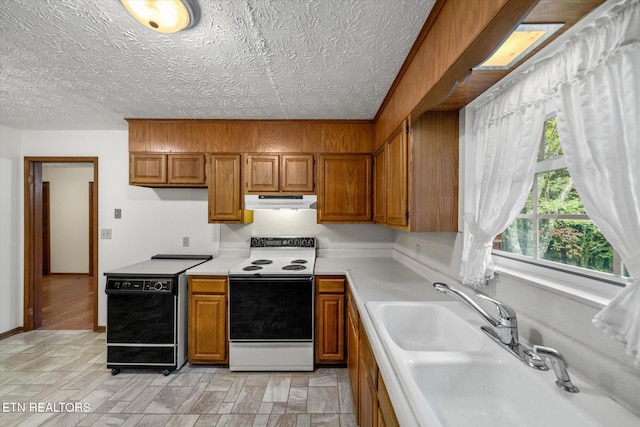 kitchen with sink, a textured ceiling, white range with electric cooktop, light wood-type flooring, and dishwasher