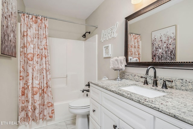 full bathroom with vanity, toilet, and shower / bath combination with curtain