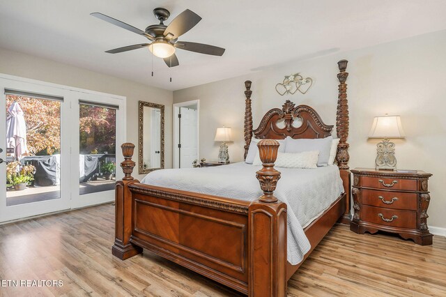 bedroom featuring ceiling fan, light hardwood / wood-style floors, and access to outside