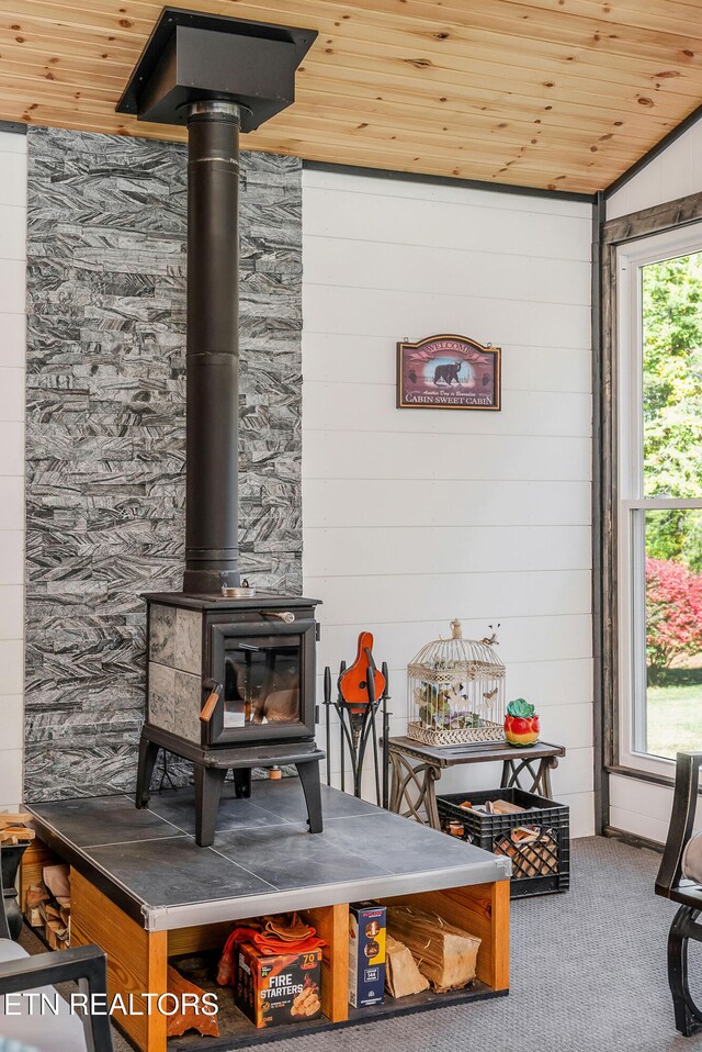 room details with carpet, wood ceiling, a wood stove, and wooden walls