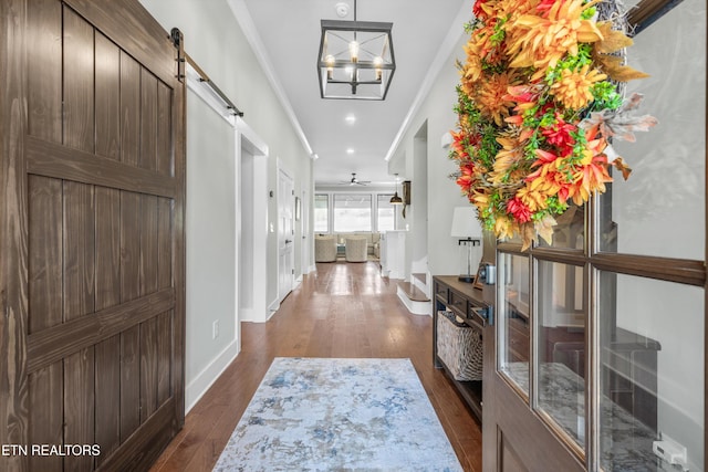 entryway with a barn door, dark hardwood / wood-style floors, ceiling fan, and ornamental molding