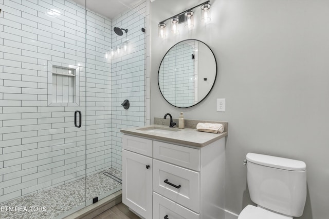 bathroom featuring vanity, an enclosed shower, and toilet