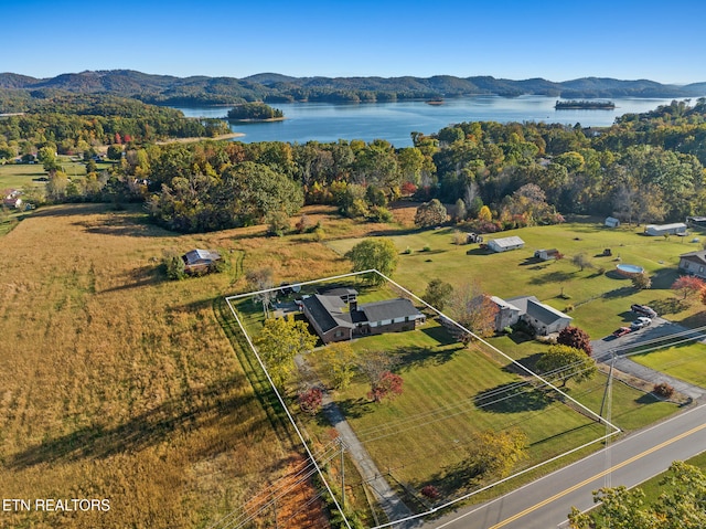 bird's eye view featuring a water and mountain view