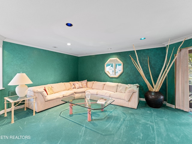 unfurnished living room featuring carpet floors and crown molding