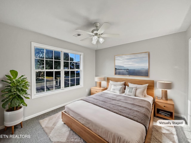 bedroom featuring carpet floors and ceiling fan