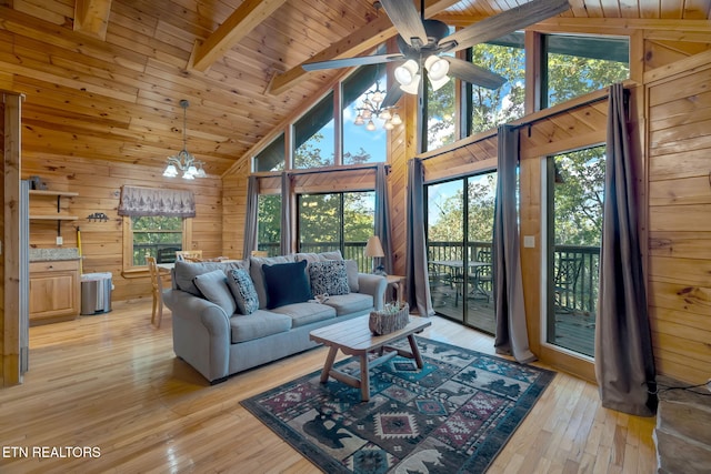 living room featuring wood ceiling, beam ceiling, high vaulted ceiling, light wood-type flooring, and wood walls