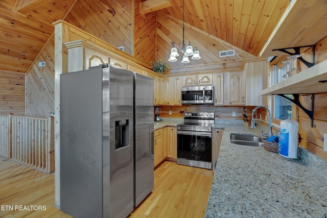 kitchen featuring wood walls, light brown cabinetry, light hardwood / wood-style floors, stainless steel appliances, and wooden ceiling