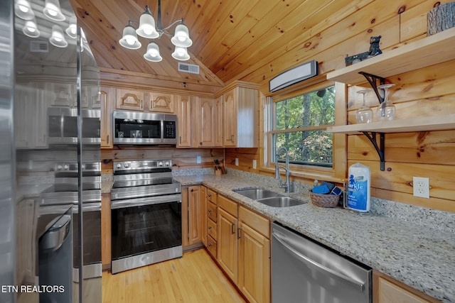 kitchen featuring lofted ceiling, wooden walls, stainless steel appliances, sink, and light wood-type flooring