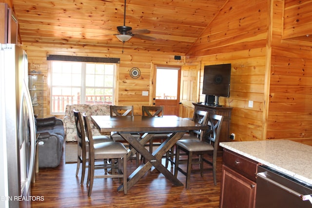 dining room with wood walls, wooden ceiling, lofted ceiling, and dark hardwood / wood-style floors