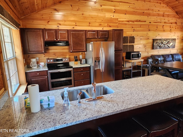 kitchen with wooden walls, vaulted ceiling, wood ceiling, and stainless steel appliances