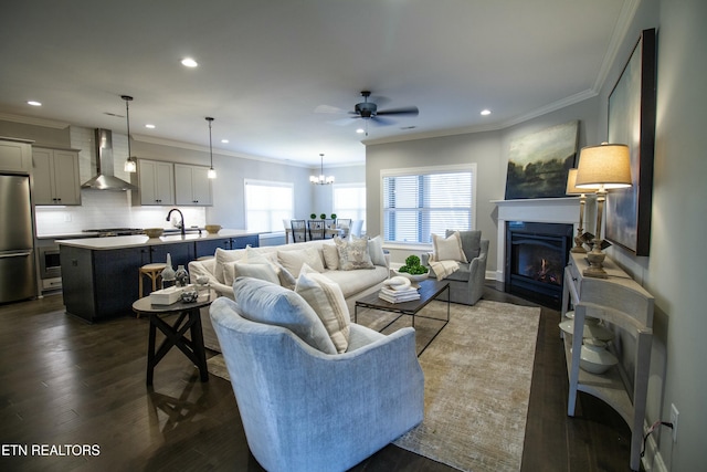 living room with dark hardwood / wood-style floors, ceiling fan, sink, and crown molding